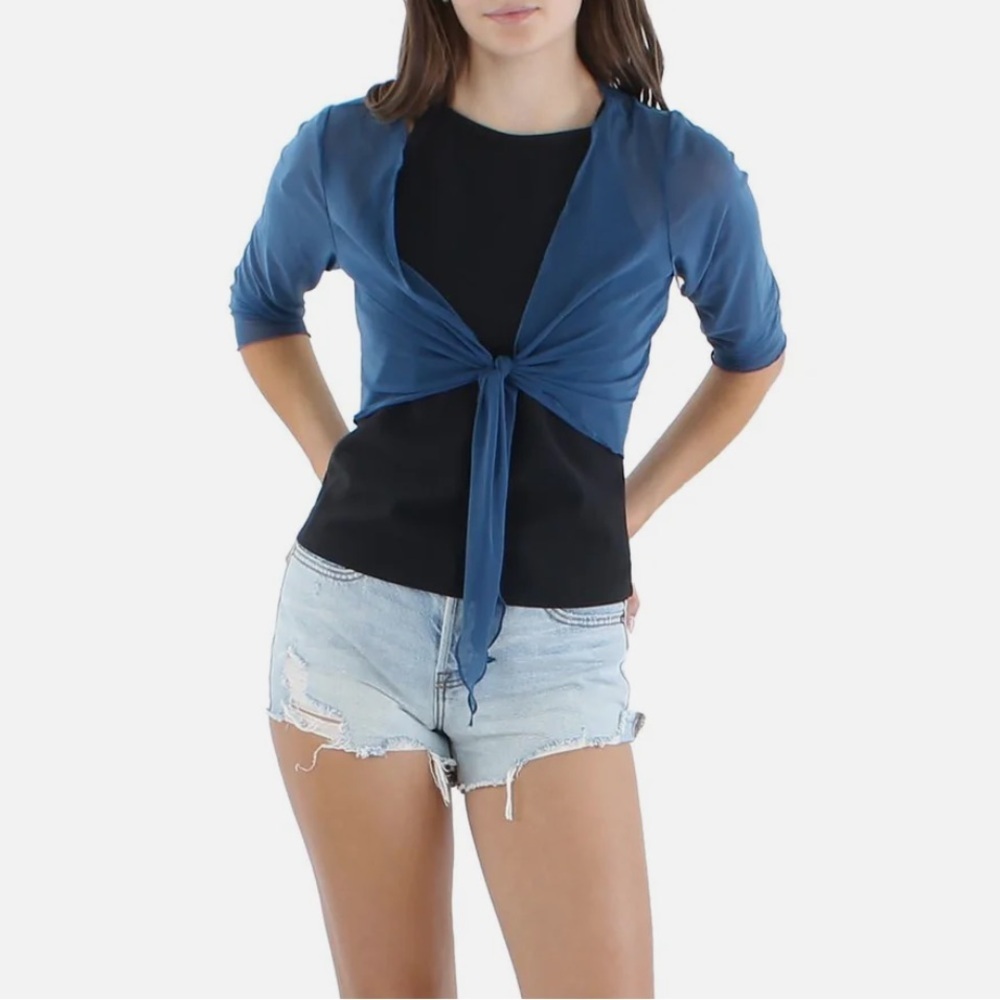 Connected Apparel Blue Sheer Asymmetrical Bolero Cardigan sizes 10, 12 - Picture 3 of 4
